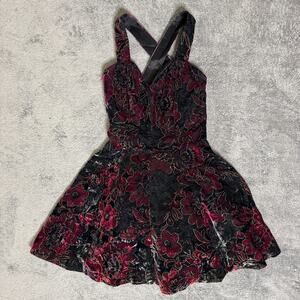 Vintage 90s Rampage Velvet Floral Mini Dress Rave Party Criss Cross Back Size 5